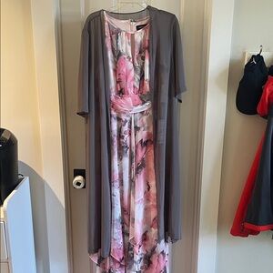 R & M Richards Pink and Gray Dress with Sheer Overlay